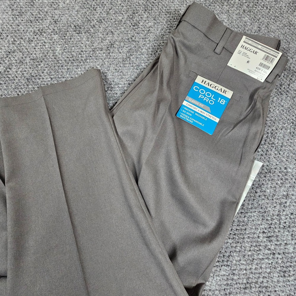 Haggar Cool 18‎ Pro Mens Classic Fit Flat Front Pants Gray 42W x 32L